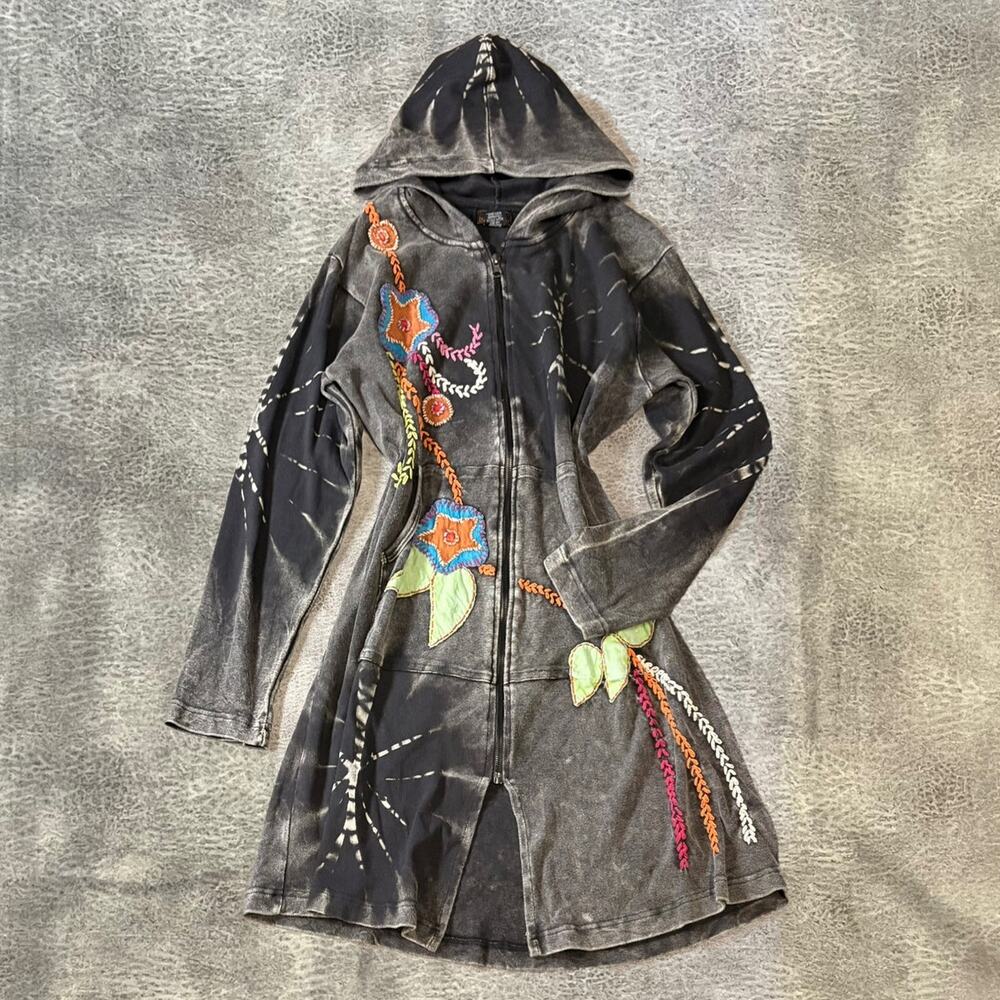 Acid Wash Whimsy Embroidered Zip Up Dress